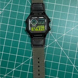 Modified Casio Black Digital Watch with Green Canvas Strap